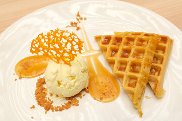 Caramel Waffles with Vanilla Ice Cream
