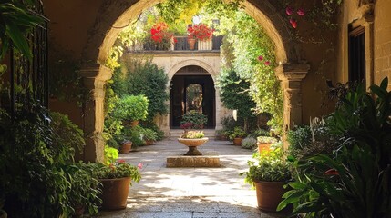 Naklejka premium A stunning garden featuring a stone archway that opens up to a charming courtyard