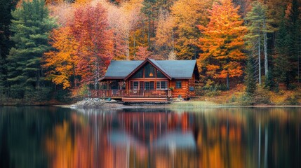 Cozy cabins and cottages nestled by a tranquil lake and vibrant autumn forest for relaxing retreats and mindful fall holidays Picturesque nature escapes amidst beautiful autumn scenery
