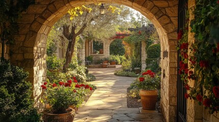 Fototapeta premium A stunning garden featuring a stone archway that opens up to a charming courtyard