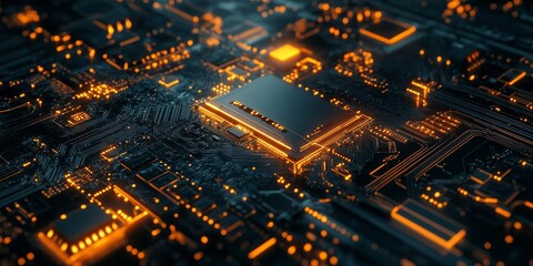 Obraz premium Macro shot of a new tech innovation, prototype circuit with intricate connections and advanced components for future devices.