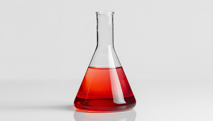 Florence flask with liquid on white background. Chemistry glassware