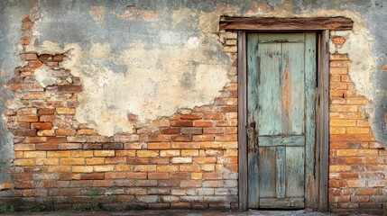 Weathered brick wall with a broken door and distressed brick texture