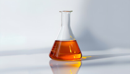Florence flask with liquid on white background. Chemistry glassware