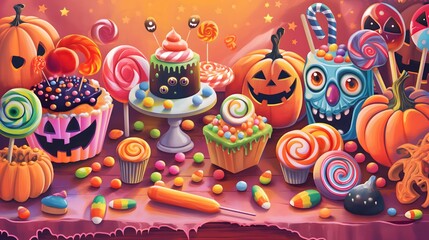 Obraz premium Delightful Halloween pumpkin cake, adorned with festive candles and sweet treats, perfect for a spooky celebration!