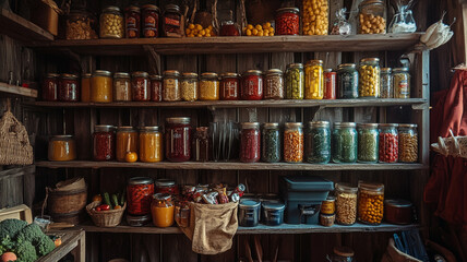 Vibrant collection of home-canned preserves displayed on rustic wooden shelves