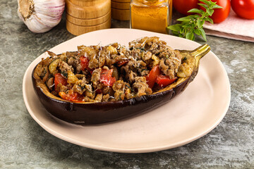 Baked eggplant stuffed meat and tomato