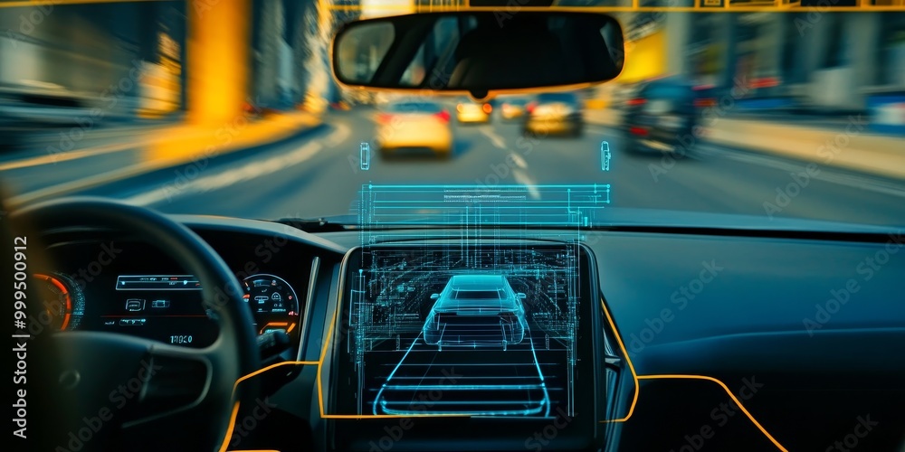 Poster a self-driving car's sensor array, showcasing the cameras, LIDAR, and radar systems that work together for safe, autonomous navigation.