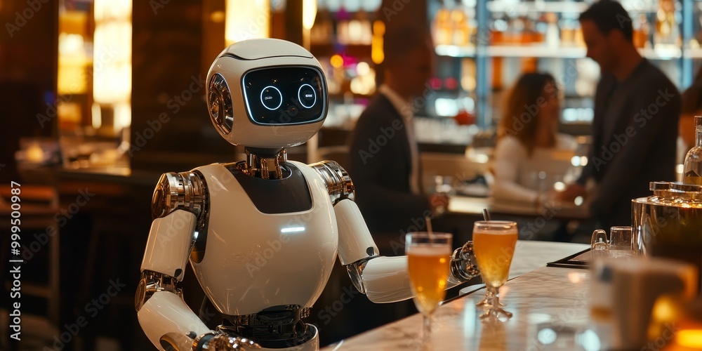 Poster a robot in a hospitality setting, serving drinks and interacting with customers, featuring a friendly, human-like interface for seamless interaction.
