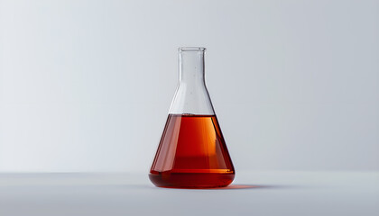 Florence flask with liquid on white background. Chemistry glassware