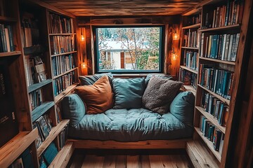 Cozy reading nook with a window view and built-in bookshelves.