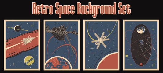 1950s - 1960s Style Space Placards. Retro Space Backgrounds, Vector Templates for Cosmic Illustrations, Covers, Posters. Spacecrafts, Probes, Moon, Asteroids, Orbits, Stars  © koyash07