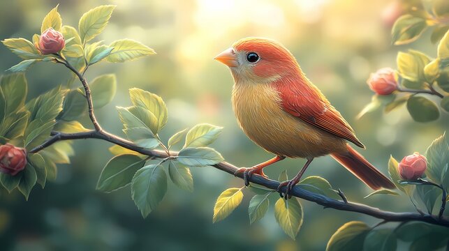 Red Finch Perched on Flowering Tree Branch