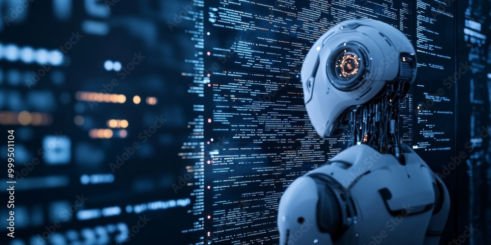 Fototapete a robot's code, displayed in a detailed programming environment with algorithms controlling its precise movements and functions.