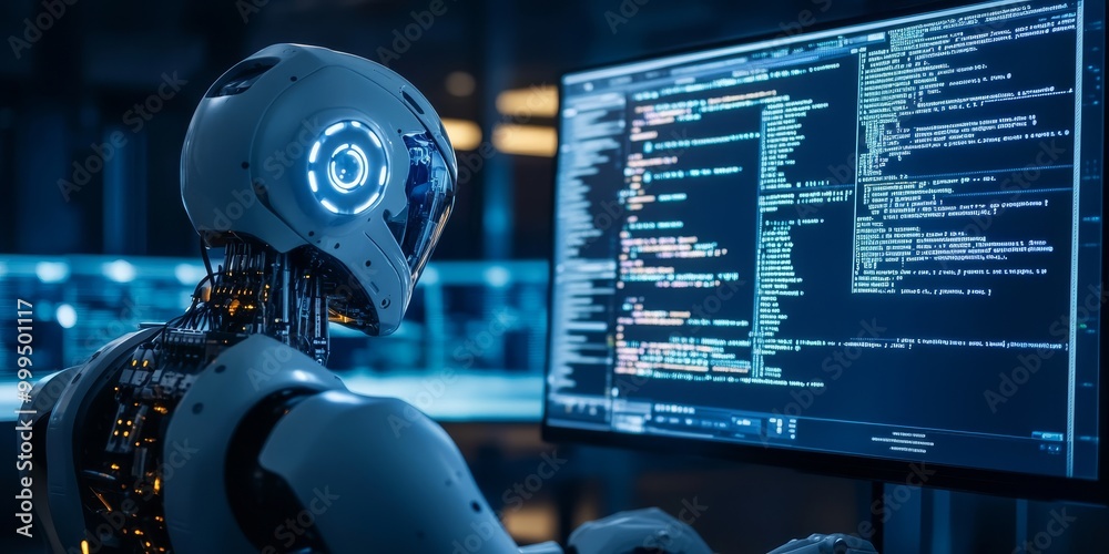Leinwandbilder a programmer writing AI algorithms for robotic behavior, with a real-time simulation running alongside the code.