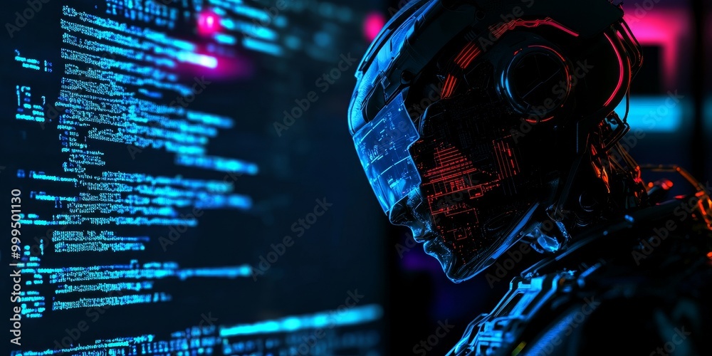 Fototapete a programmer writing AI algorithms for robotic behavior, with a real-time simulation running alongside the code.