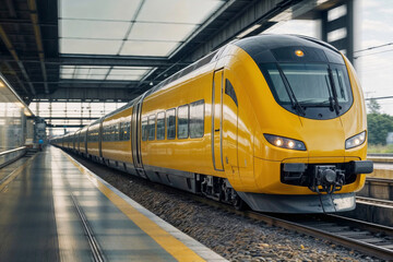 Naklejka premium A yellow train is sitting on the tracks at a train station. The train is long and has many windows