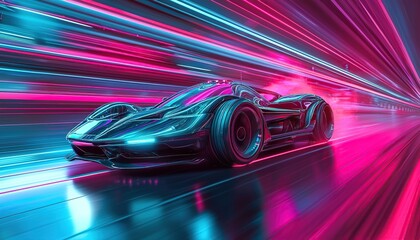 A futuristic sports car speeding through a tunnel with pink and blue neon lights.