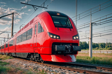 Fototapeta premium A red train is traveling down the tracks. The train is long and has many windows. The sky is blue and there are some clouds in the background