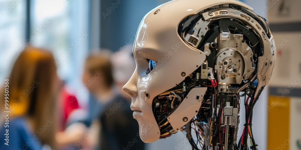 Aufkleber a humanoid robot learning from human behavior, as advanced AI algorithms process visual and verbal cues for adaptive learning.