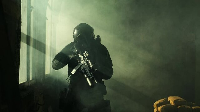 Special forces operator in black military gear and an m4 assault rifle in a room full of smoke