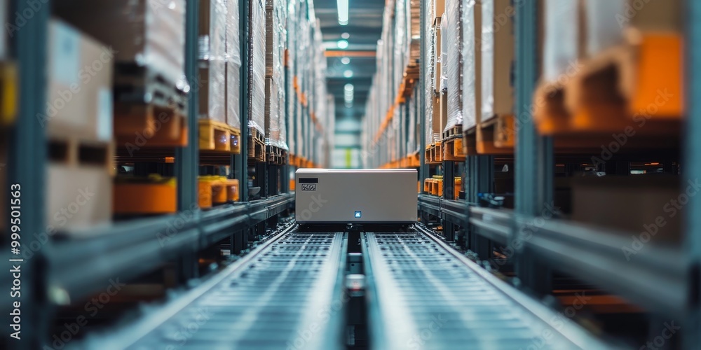 Poster a robotic system in a warehouse, ai-driven automation optimizing inventory management and streamlini