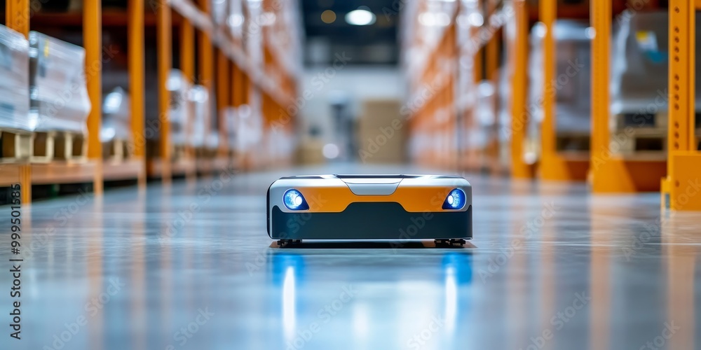 Poster a robotic system in a warehouse, AI-driven automation optimizing inventory management and streamlining logistics operations.