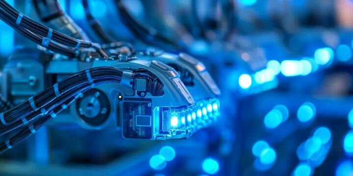 Macro shot of robotic sensors in a system, transmitting and processing data in real-time for collaborative robotic tasks.