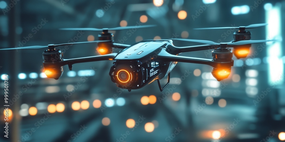 Fototapete a drone robot with AI vision, flying autonomously through complex environments, avoiding obstacles with high-precision sensors.