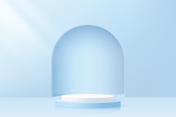 3d blue and white cylinder pedestal podium with minimal blue studio room for cosmetics or baby product display, vector illustration.
