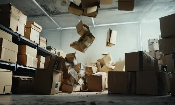 Package boxes falling from a shelf in a dirty and messy room interior, chaos indoors, distribution of commercial goods