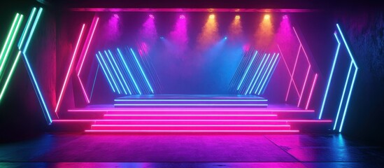 Vibrant Neon Lit Stage with Futuristic Geometric Light Patterns in a Dark Room
