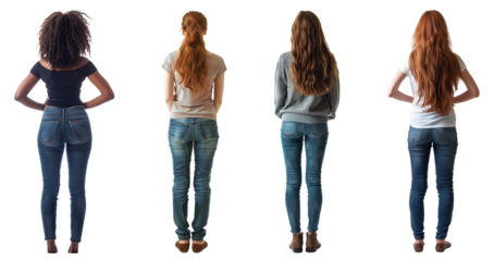 Back view of women with different hairstyles standing in line, isolated on transparent backgroun