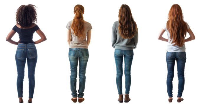Back view of women with different hairstyles standing in line, isolated on transparent backgroun - Powered by Adobe