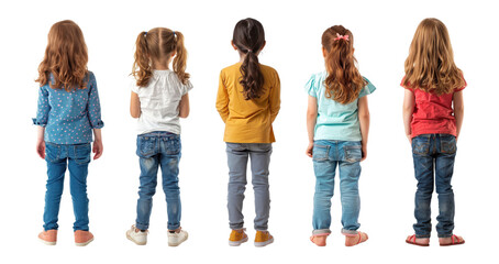 Fototapeta premium Back view of young children in casual outfits, isolated on transparent background
