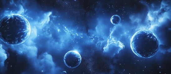 Naklejka premium Stunning Deep Space Scene with Glowing Blue Planets and Nebulae in a Star-Filled Galaxy