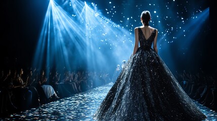Fashion model in a sparkly black gown walks down a runway lit by blue spotlights.