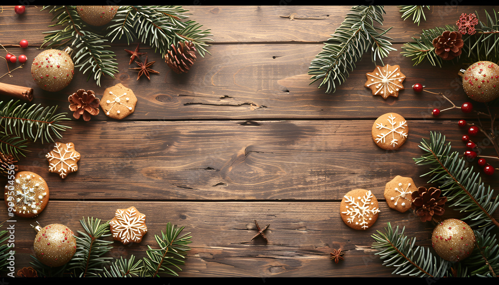 Poster delicious christmas cookies and fir branches on wooden table, flat lay. space for text