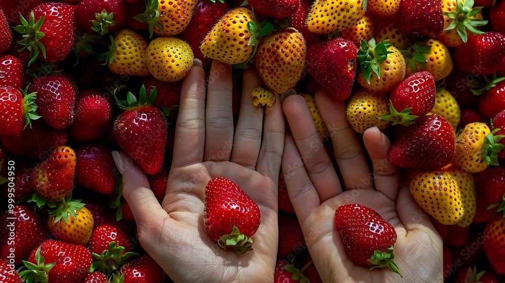 Sticker The fingers gripping the red and yellow strawberries