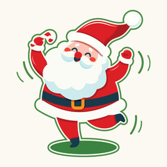A cheerful cartoon illustration of happy Santa Christmas dance on white background. Christmas sticker design element adds to the holiday spirit. Vector illustration in flat cartoon style