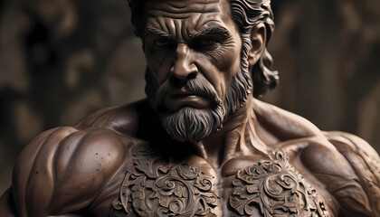 Fototapeta premium A close-up of a glamour sculpture of a man. It is a muscular mythical hero with a complex design and many details