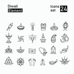 Happy indian diwali festival with 24 line style icon vector illustration. perfect for collections of assets, logos, icons, etc