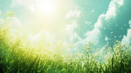 Fototapeta premium Sunlit Meadow with White Flowers and Blue Sky