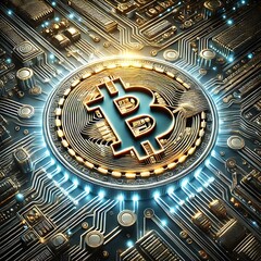futuristic illustration of a glowing Bitcoin logo embedded on a detailed circuit board