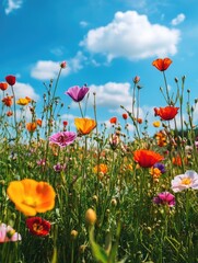 Naklejka premium Field of flowers under blue sky