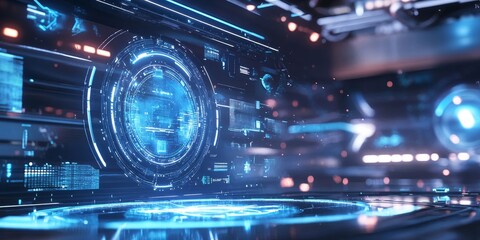 Obraz premium interactive VR elements in a futuristic architectural environment, featuring holographic displays and immersive virtual experiences.