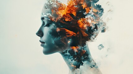 Double exposure art with abstract shapes blending into a human face, creating a surreal effect
