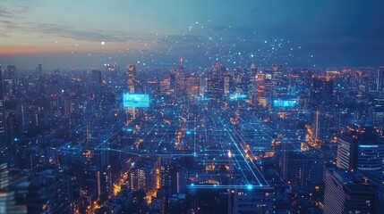 Digital technology revolutionizing industries, with smart devices and interconnected systems enhancing productivity