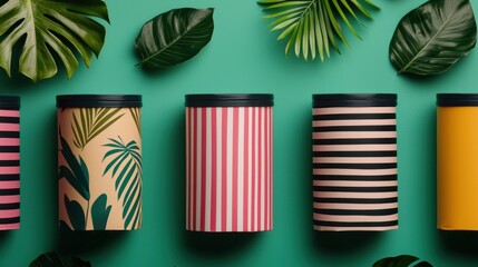 A vibrant display of decorative cups with tropical patterns and contrasting colors, surrounded by lush green leaves on a teal background.