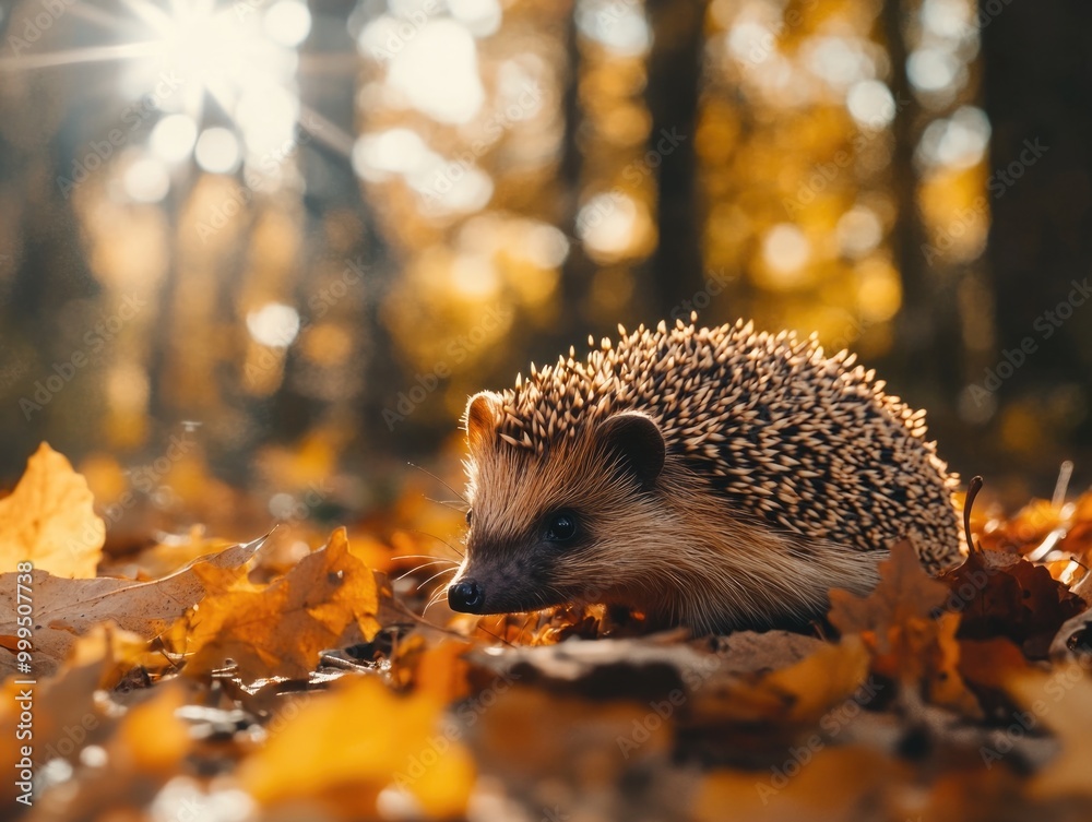 Wall mural Hedge sitting on leaf pile